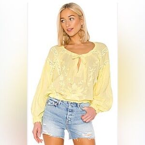 Free People MARIA Lemon Yellow Embroidered Long Sleeve Top Size Medium.
